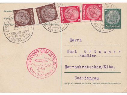 1938, Franfurt, dopisnice přepravená Zeppelinem do Sudet, hledané