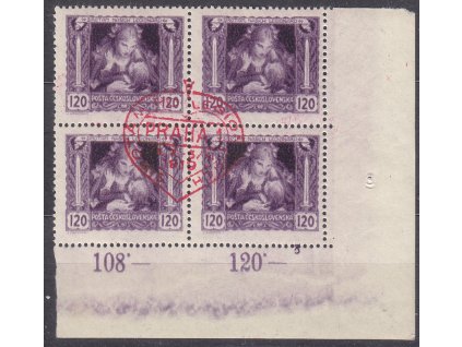 120h fialová, rohový 4blok s DČ 8, červený nátisk, Nr.32A, **/*
