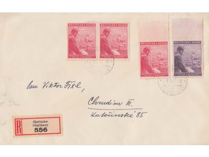 1943, DR Slatiňany, R-dopis zasl. do Chrudimi, stopy pošt. provozu