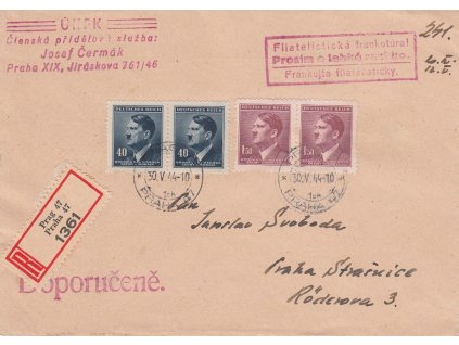 1944, DR Praha, R-dopis zaslaný v místě, příchozí razítko