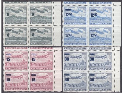 1949, 8/10-30/50Kčs letecké, pravé horní rohové 4bloky s okrajem, Nr.L29-32, KH, **/*