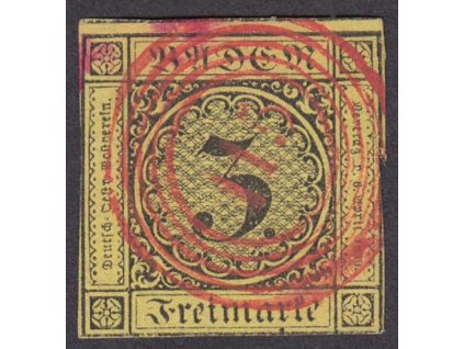 Baden, 1851, 3 Kr číslice, červené razítko 115, MiNr.2, ohnutý růžek