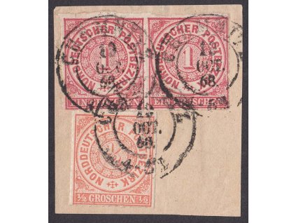 Norddt. Postbezirk, 1868, výstřižek s frankaturou 1+1/2+1Gr, MiNr.3,4