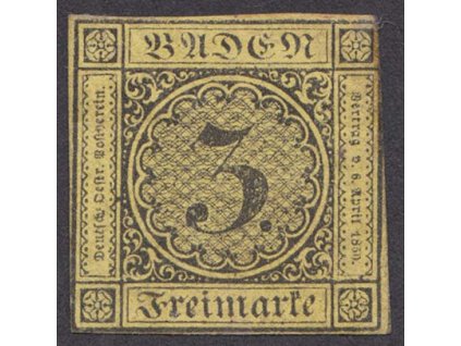 Baden, 1851, 3 Kr černá/žlutá, MiNr.2, * po nálepce, lehký lom - viz. foto