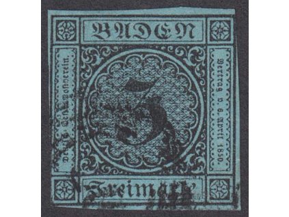 Baden, 1858, 3 Kr černá/modrá, MiNr.8, razítkované