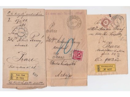 1897, 3 kusy úředních obsílek z let 1897/1912, 2krát R, část. s doplatkama