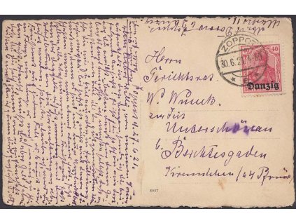 Danzig, 1921, DR Zoppot, pohlednice zasl. do Německa
