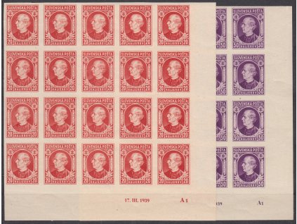 1939, 20-30h Hlinka, nezoubkované, pravé dolní rohové 25bloky s DČ, Nr.27-8N, **