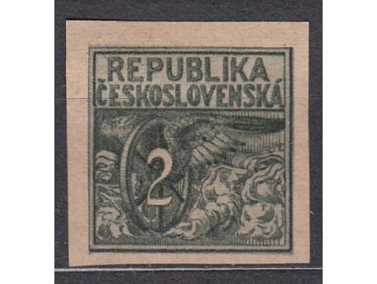 Návrh na čs. kolek 2h v tmavě zelené barvě na nahnědlém papíru bez lepu, cca 1920, na rubu zahnědlé