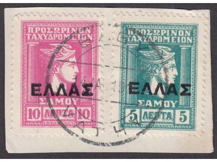 Samos, 1912, 5 a 10 L Hermes s přetiskem, MiNr.10,11, výstřižek