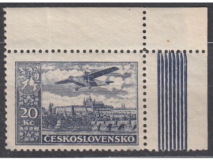 20Kč fialová, Řz.12 1/4, rohový kus s bordurou na okraji, Nr.L14A, * po nálepce, lehký vlom
