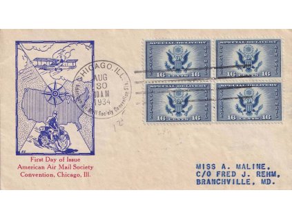 USA, 1934, obálka FDC zaslaná v USA, stopy pošt. provozu