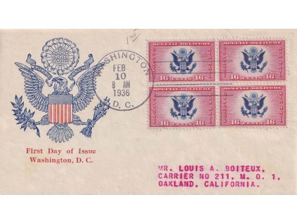 USA, 1936, obálka FDC zaslaná v USA, stopy pošt. provozu