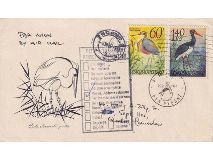 1967, FDC Ptáci zaslaná letecky do Kanady, adresát neznámý, prošlé