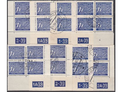 1K modrá, 8 ks  roh. 4bloků, různá DČ a varianty okrajů, Nr.DL9, razítkované