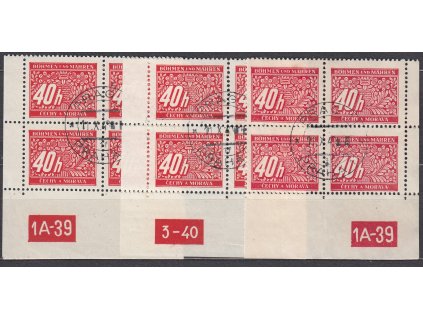 40h červená, 3 roh. 4bloky s DČ, různá DČ a varianty okrajů, Nr.DL5, razítkované