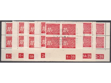 10h červená, 7 roh. 4bloků, různá DČ a varianty, Nr.DL2, razítkované