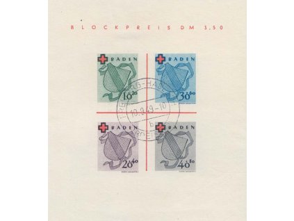 Baden, 1949, 10-40 Pf aršík Červený kříž, MiNr.Bl.2II, razítkované