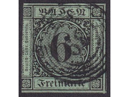 Baden, 1851, 6 Kr černá/zelená, MiNr.3, razítkované