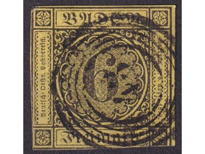 Baden, 1853, 6 Kr černá/žlutá, MiNr.7, razítkované