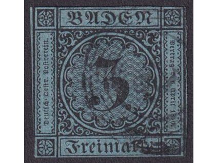 Baden, 1858, 3 Kr černá/modrá, MiNr.8, razítkované
