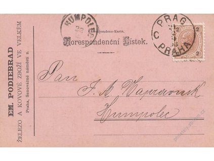 1893, Praha, firemní lístek zaslaný do Humpolce