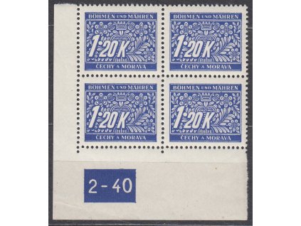 1.20K modrá, levý roh. 4blok s DČ 2-40 - varianta Y, Nr.DL10, **