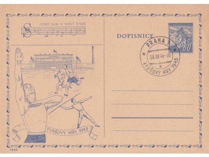 1945, dopisnice 60 h Ratolest s přítiskem Tyršovy hry 1945, pamětní