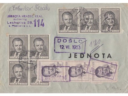 11.6.1953, DR Hradec Králové, dopis vyfrankovaný perstrou frankaturou