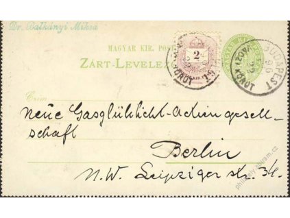 1896, DR Budapest, zálepka, zasl. do Berlína