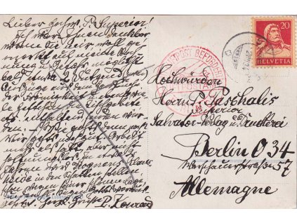 1934, pohlednice zaslaná do Německa, letecký kašet, stopy pošt. provozu