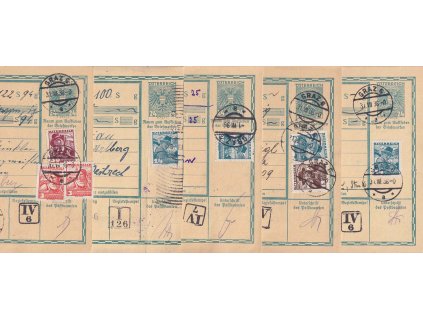 1936, 5 kusů útržků frankovaných formulářů