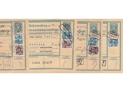 1936, 5 kusů útržků frankovaných formulářů