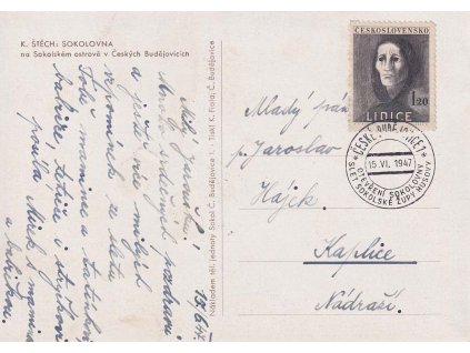 1947, České Budějovice, Otevření sokolovny, propagační pohlednice