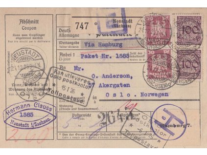 1926, DR Neustadt, kompletní formulář, zasl. do Osla, stopy pošt. provozu