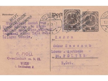 Rakousko, 1921, firemní dopisnice dofr. zn. s perfinem A. Moll., prošlé