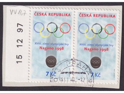 1998, 7 Kč Nagano,  VV - čárka nad modrým kruhem, Nr.167, výstřižek