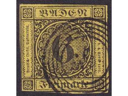 Baden, 1853, 6 Kr černá/žlutá, MiNr.7, razítkované