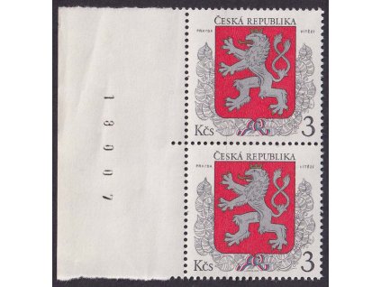 1993, 3 Kč Státní znak, DV - ryska vpravo nahoře u "s" (Kčs), Nr.1, **