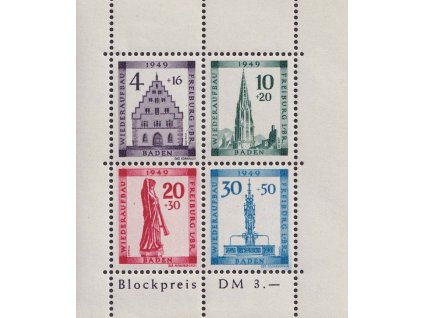 Baden, 1949, 4-30 Pf aršík Freiburg, DV - čárka pod "B", MiNr.Bl1A IV, **