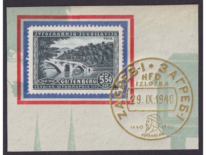 1940, 5.50 Din Filatelistická výstava, MiNr.428, razítko FDC, pamětní list