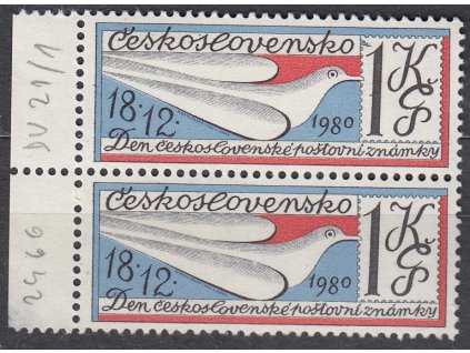 1980, 1Kčs den čs. zn., krajová 2páska s DV - černá skvrna u "1", Nr.2466, **, dv v okraji mimo zn.
