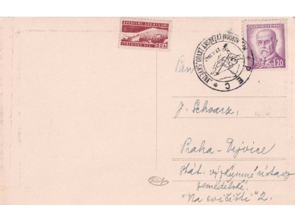 1947, Pec, Národní lyžařský závod, pohlednice zasl. do Prahy
