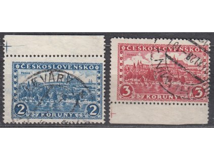 1926, 2 a 3Kč Praha, krajové kusy s křížkem na okraji, Nr.225, 230, razítkované