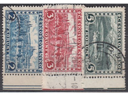 1926, 2,3 a 5Kč Praha-Tatry, krajové kusy s bordurou na okraji, Nr.229,230,232, razítkované