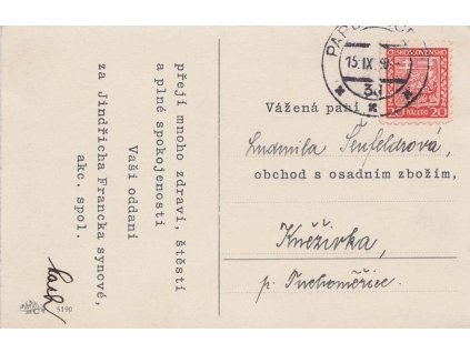 ČSR I., 1938, J.F.s. Jindřicha Francka synové, gratulační pohlednice, prošlé