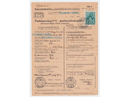 1940, Formulář Tudakozvány vyfr. zn. 40 f, DR Vasárhely-Kutas, prošlé