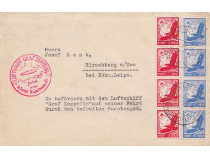 1938, Zeppelin Sudetenland, dopis vyfr. pestrou frankaturou, DR Frankfurt