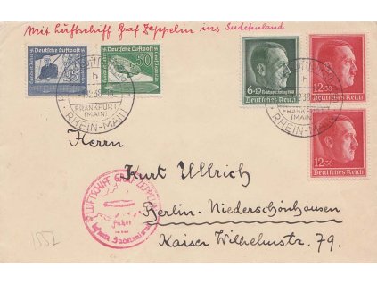 1938, Zeppelin Sudetenland, dopis vyfr. pestrou frankaturou, DR Frankfurt