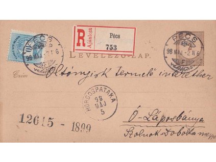 1899, R-dopisnice 2f dofr. zn. 10f, DR Pécz, prošlé v roce 1899, stopy stáří